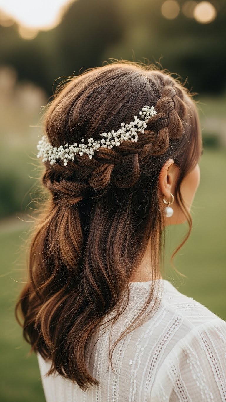 Indian woman's medium length hair styled in elegant half-up braided crown with delicate flowers in natural garden setting
