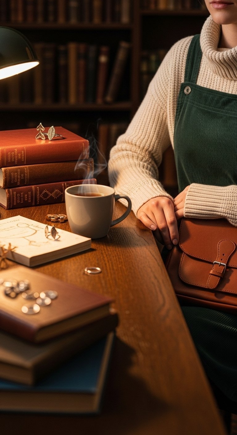 Individual in witchy dark academia outfit featuring forest green corduroy dress seated at library table