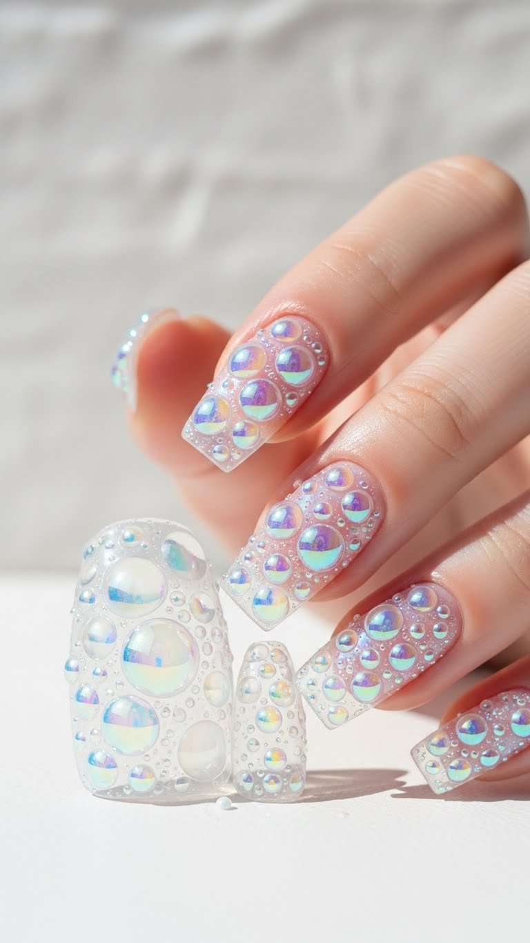 Intimate detail view of aurora chrome bubble nails with translucent droplets on minimalist white surface