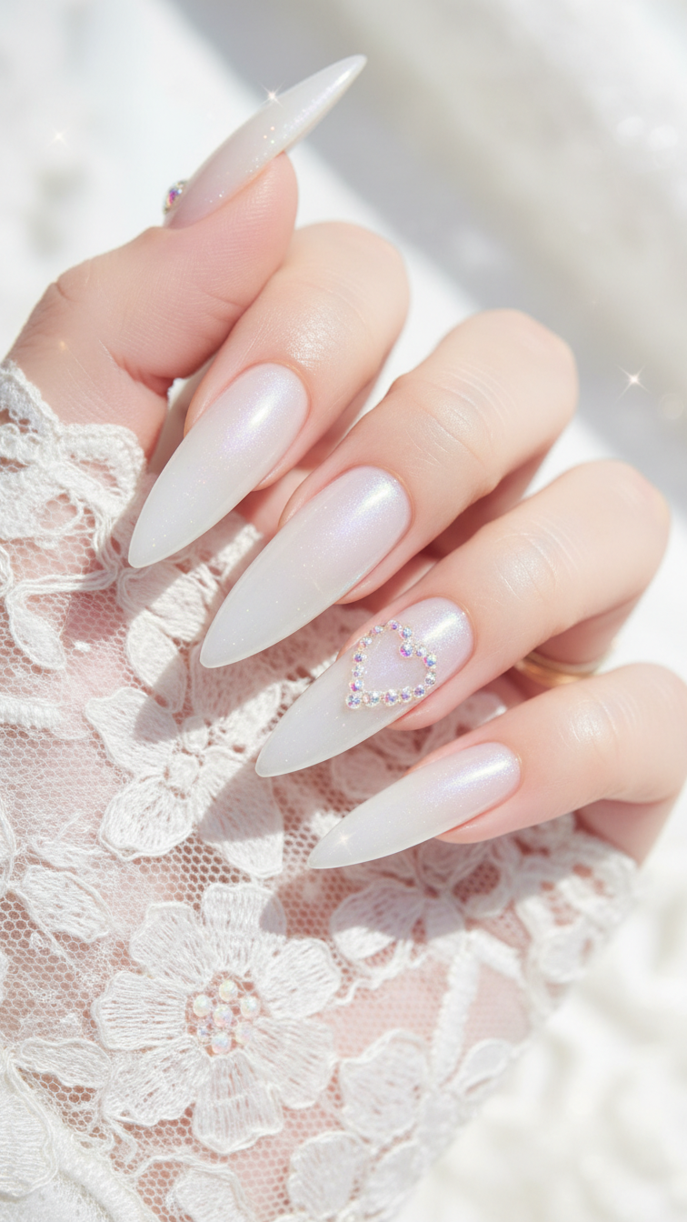 Intimate macro detail of stiletto nails with milky white polish and iridescent rhinestone heart outline on white lace