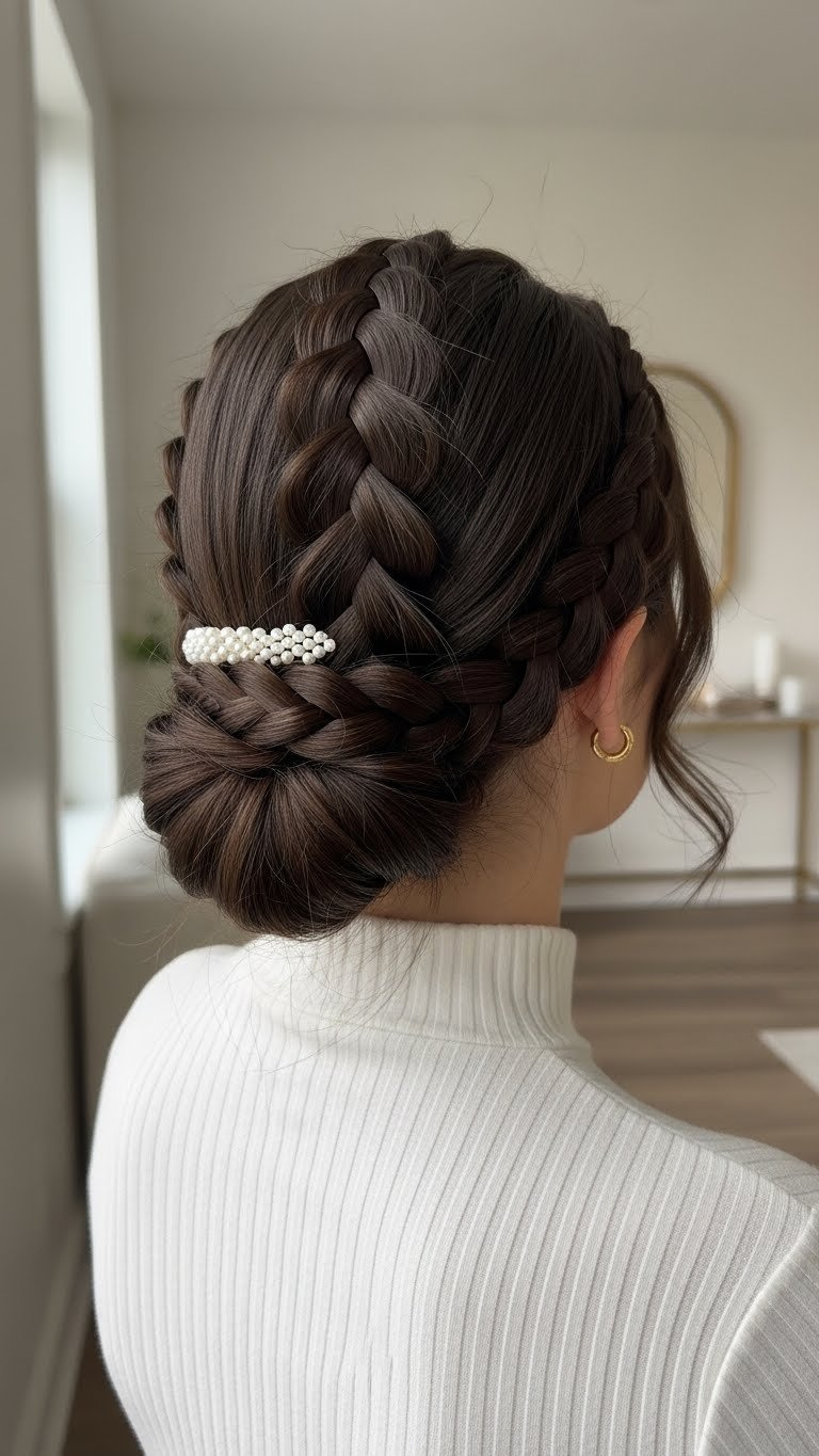 Intricate French braid updo hairstyle with brunette hair concealing greasy roots in minimalist interior