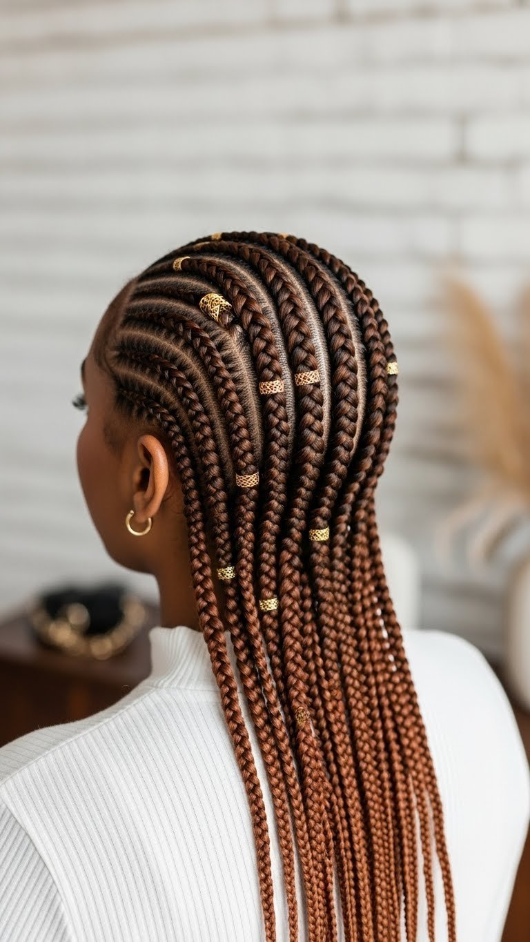 Intricate Fulani braids featuring cornrow patterns with decorative beads against minimalist textured wall background