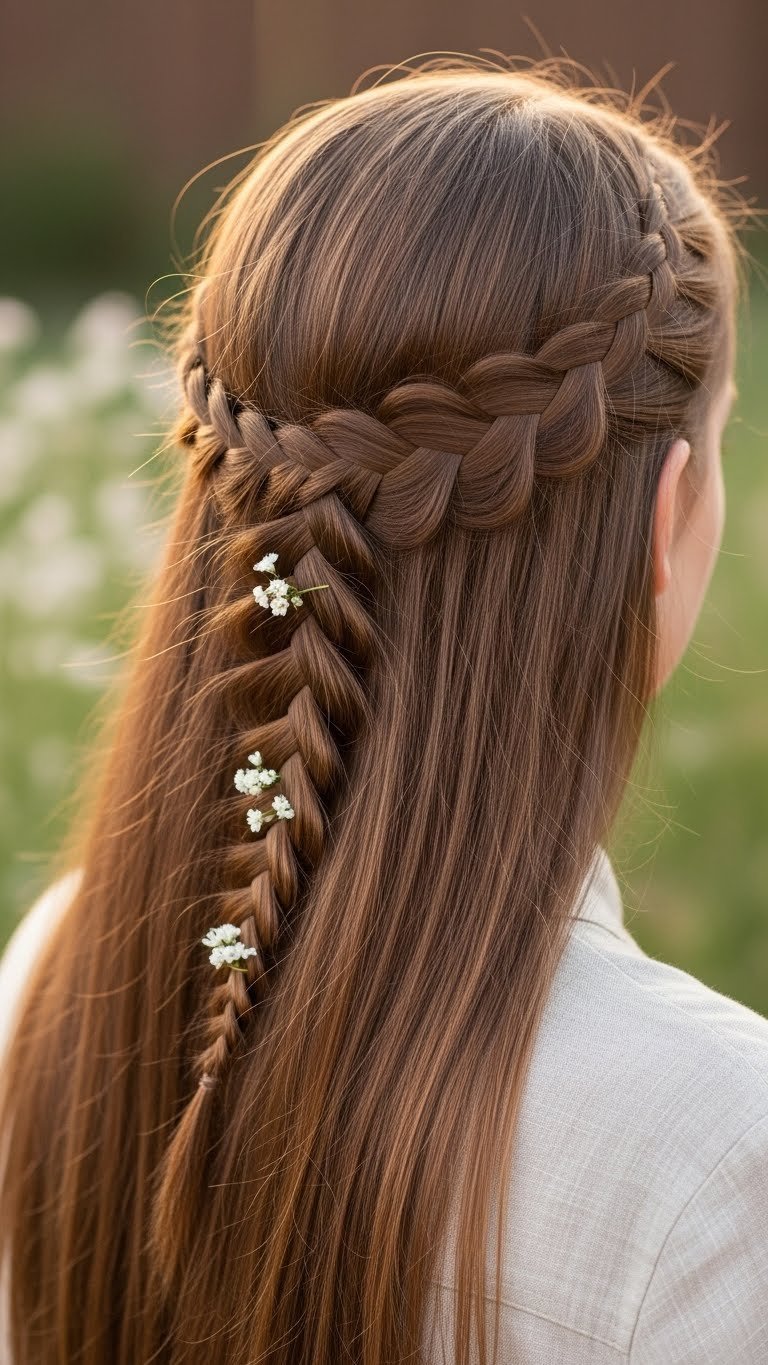 Intricate braided accents integrated into smooth straight hair showcasing woven texture contrast