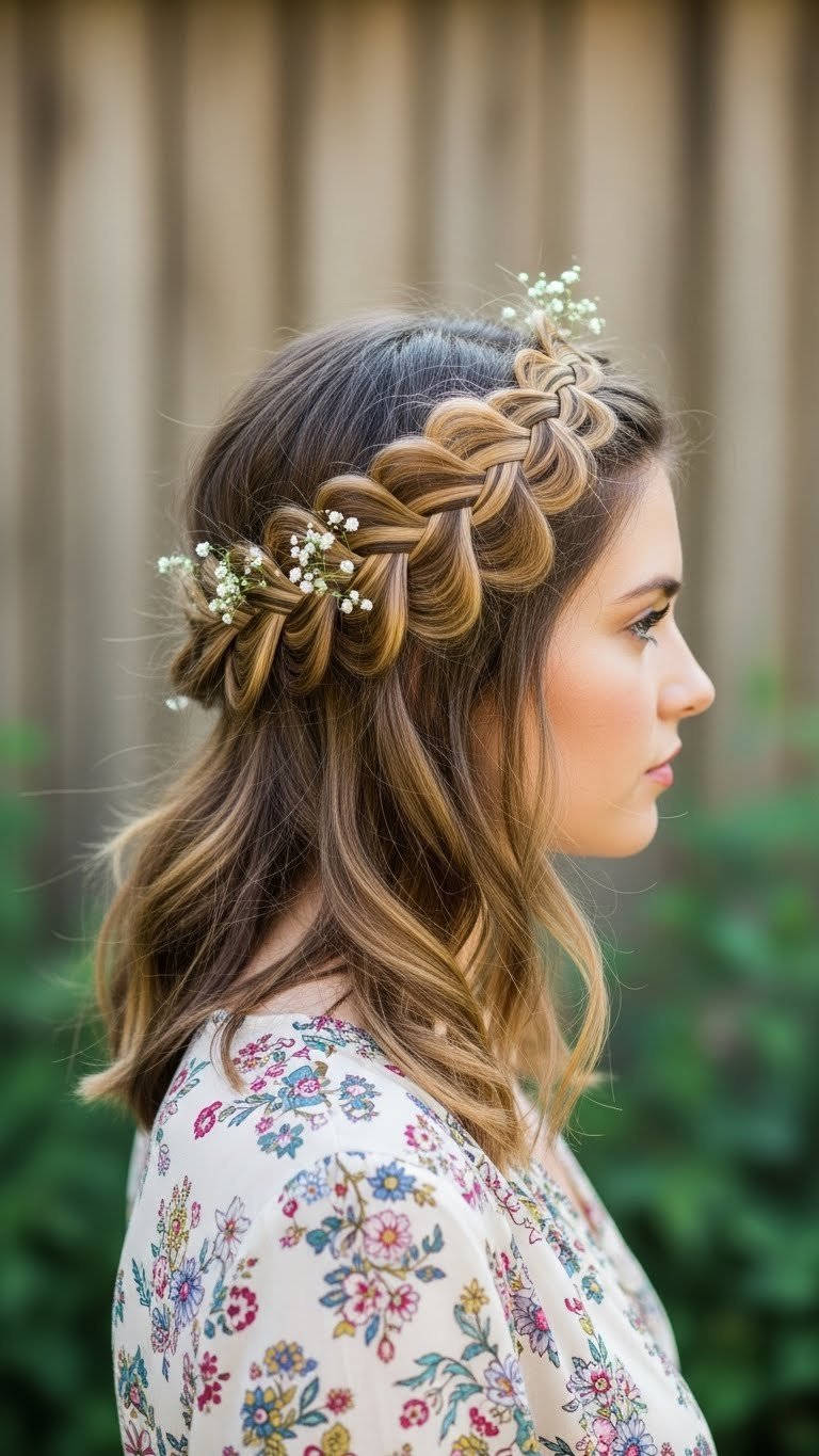 Intricate braided crown hairstyle with delicate wisps framing the face