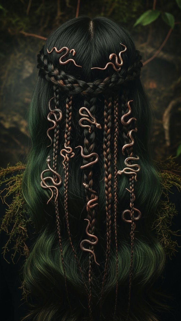 Intricate braids with artificial rubber snakes intertwined in dark hair against earthy backdrop