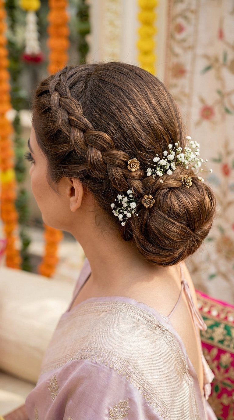 Intricate crown braid hairstyle encircling head with decorative hairpins blending into neat low bun for wedding saree look