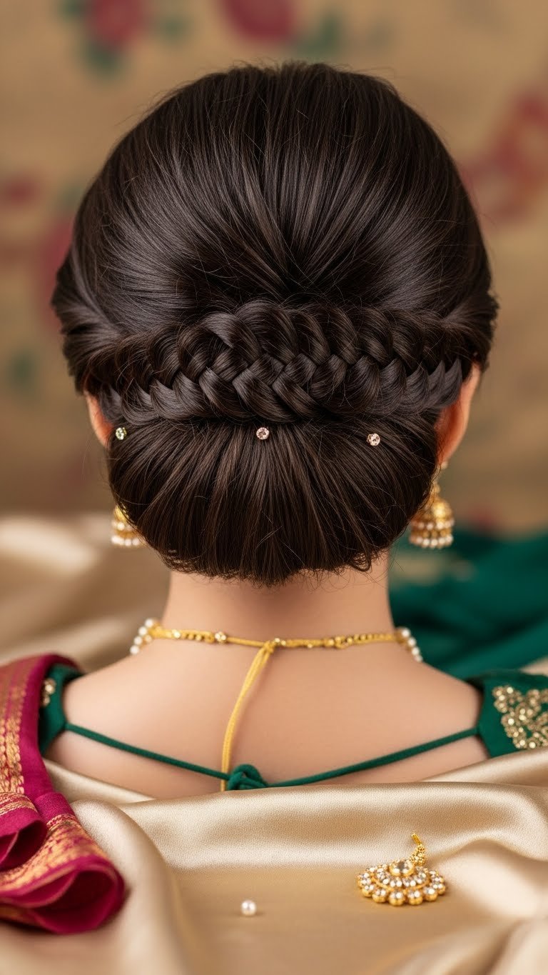 Intricate fishtail braid updo hairstyle on Indian medium length hair with traditional decorative elements