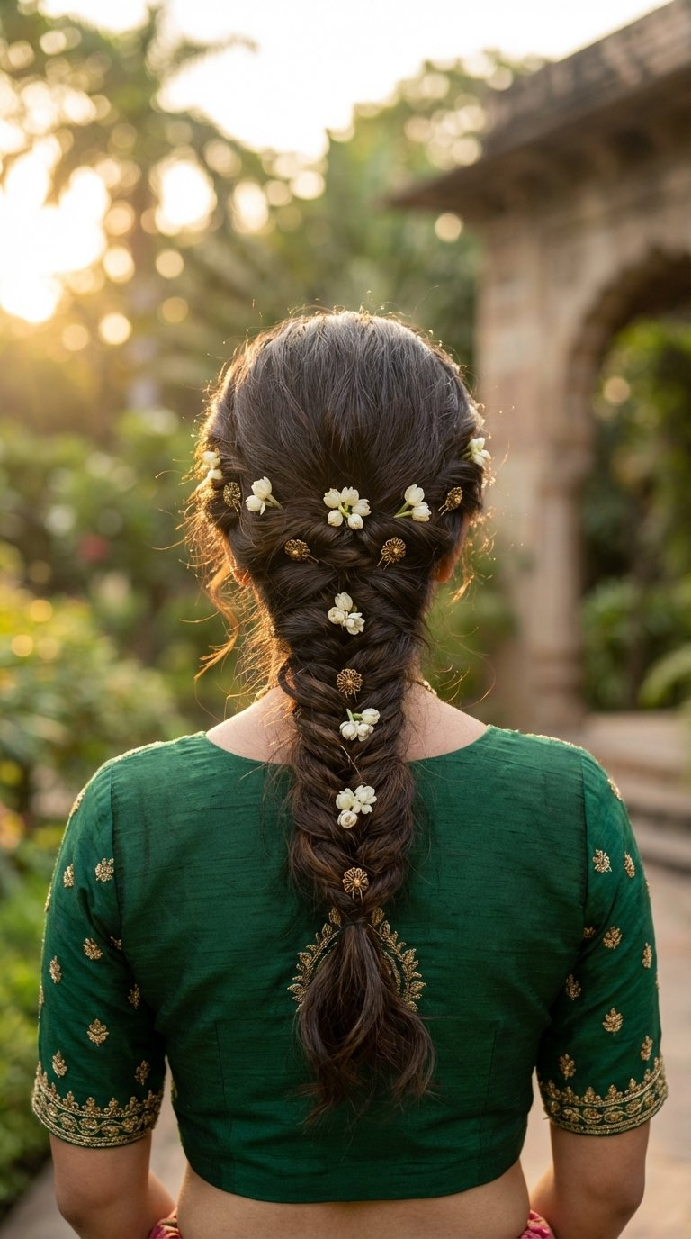 Intricate fishtail braid with defined plaiting and messy texture running down the back for traditional lehenga hairstyle
