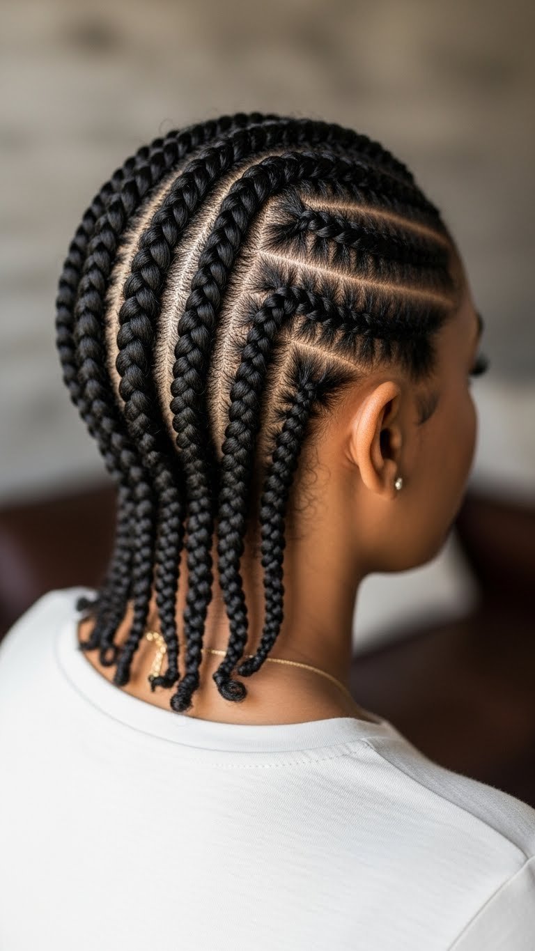 Intricate flat twists styling on 4C hair creating elegant patterns against warm cozy interior setting