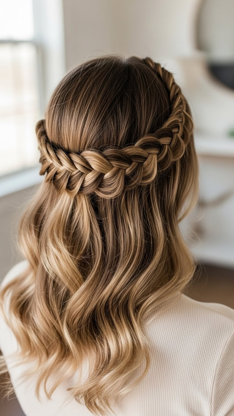 Intricate headband braid integration with detailed hair textures in neutral uncluttered setting.