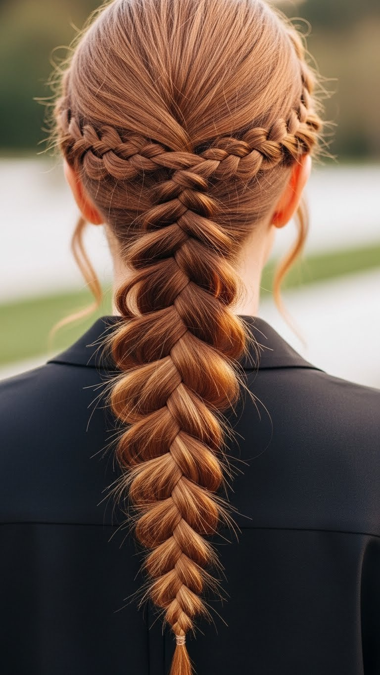 Intricate multi-strand braid woven into voluminous thick hair captured at a 45-degree angle with warm golden hour lighting.