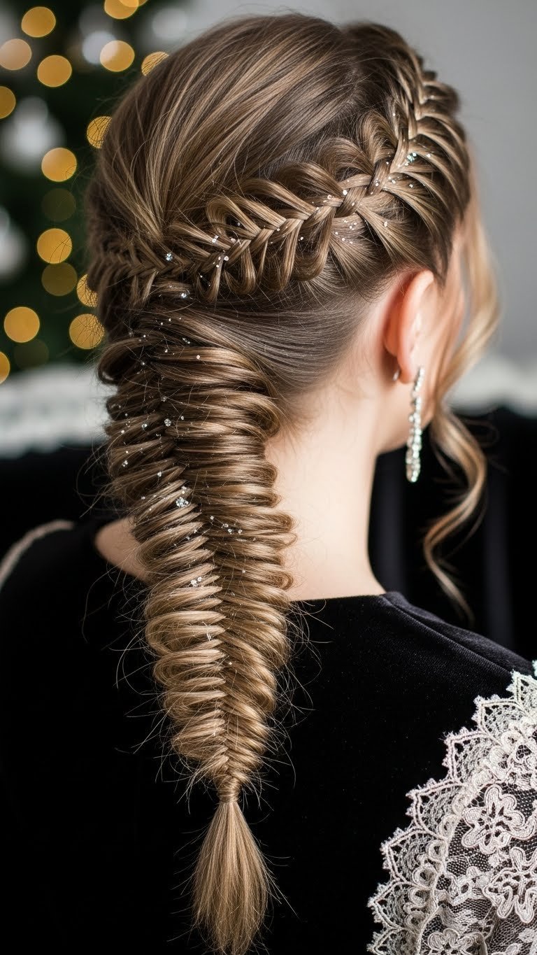 Intricate sparkling fishtail braid draped over shoulder with crystal accents against rich velvet background