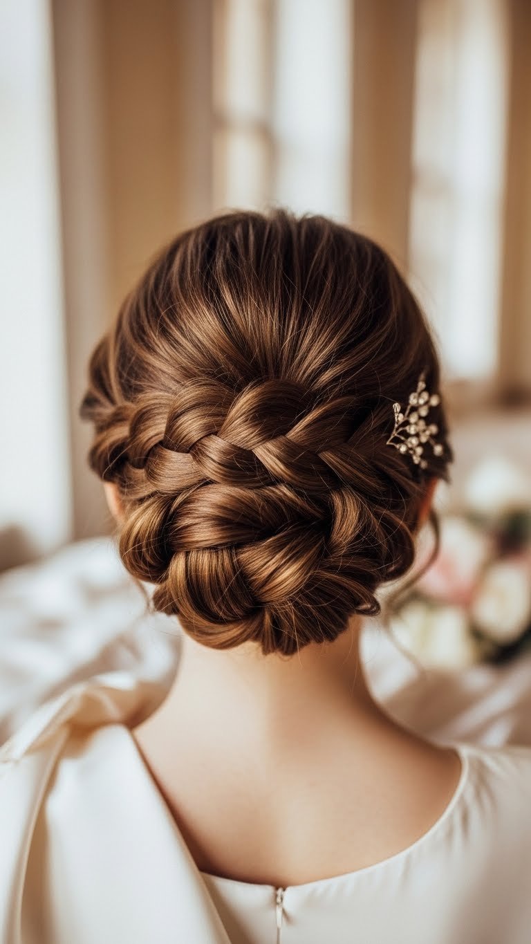Intricate voluminous braided bun hairstyle for formal events with detailed braiding texture and elegant positioning