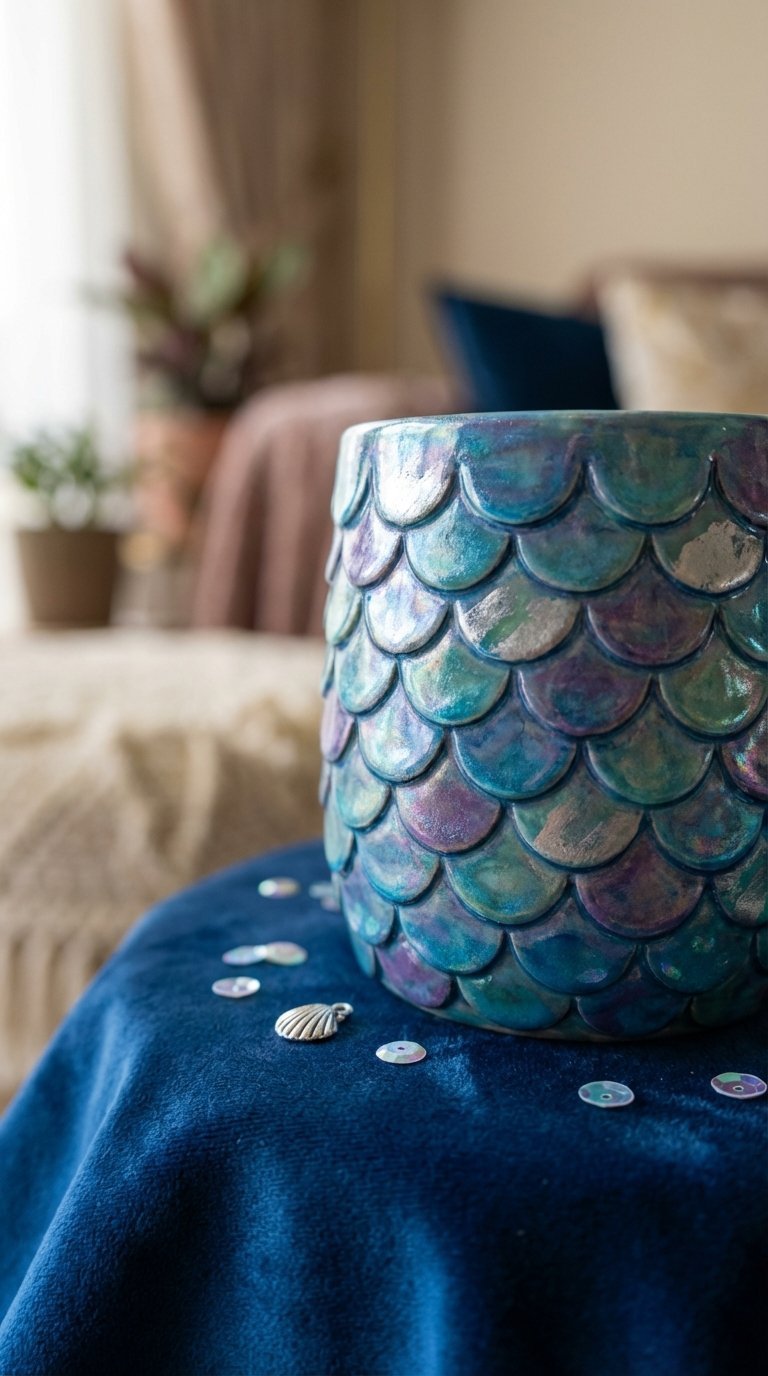 Iridescent mermaid scale pattern ceramic mug in teal, purple and green shades on velvet cloth.