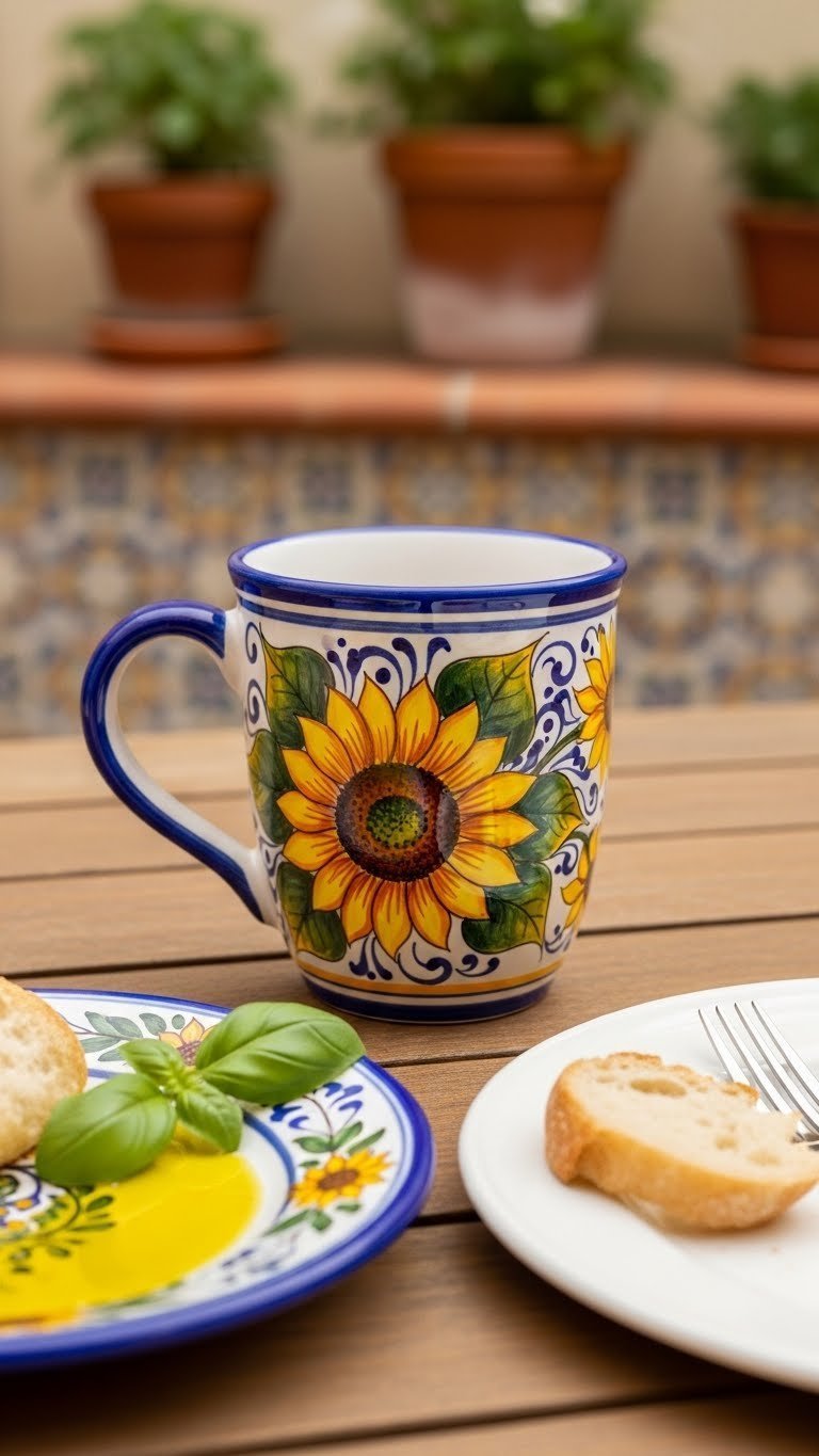 Italian-inspired hand-painted sunflower mug on a rustic table with basil and artisan bread, blurred Mediterranean patio.