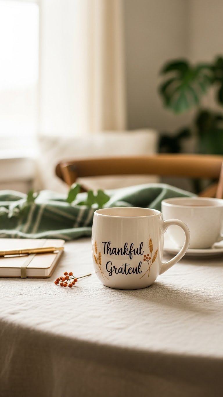 Ivory ceramic mug with gratitude-themed lettering and wheat stalk accents on linen tablecloth