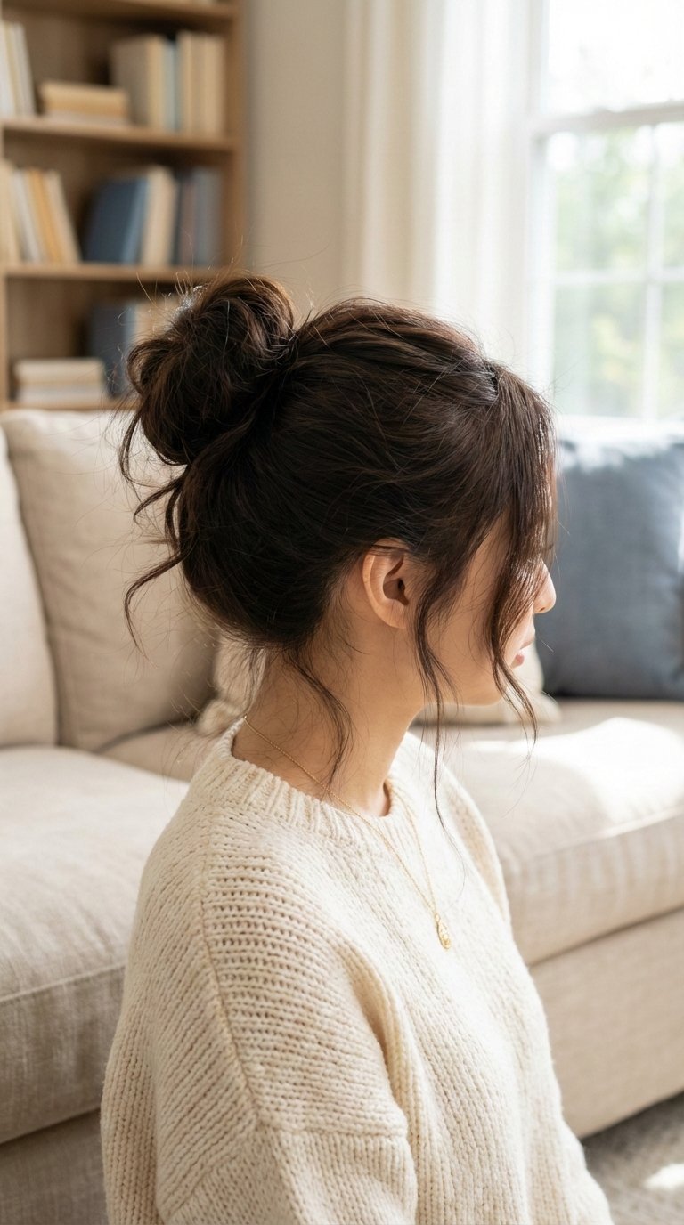 Jennie Kim's effortless messy bun hairstyle with undone texture and loose tendrils in casual home environment