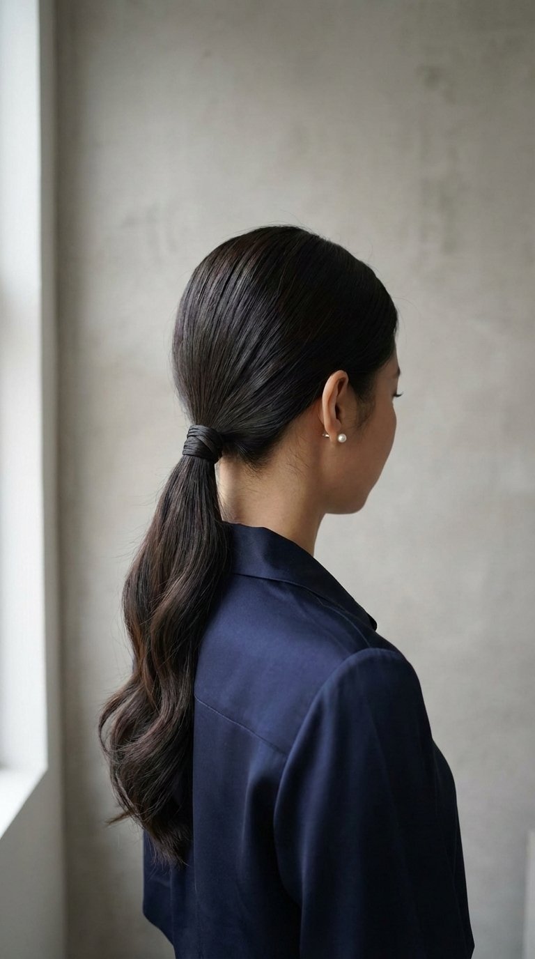Jennie Kim's elegant low ponytail hairstyle with sleek crown and flowing ponytail in sophisticated setting