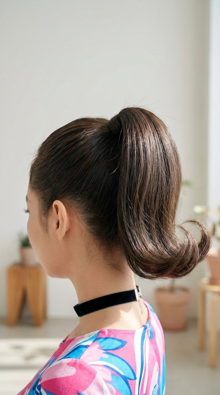 Jennie Kim's retro high ponytail with flipped ends in vibrant energetic portrait photography