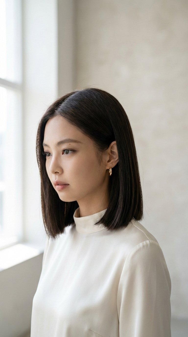 Jennie Kim's sleek blunt lob hairstyle with sharp edges and glossy finish in professional portrait photography