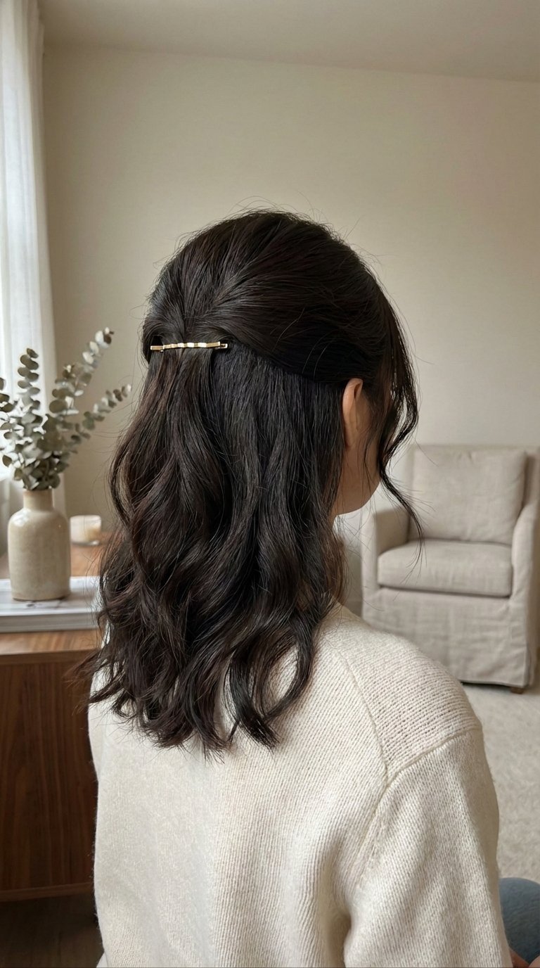 Jennie Kim's voluminous half-updo hairstyle with soft waves and face-framing pieces in natural light