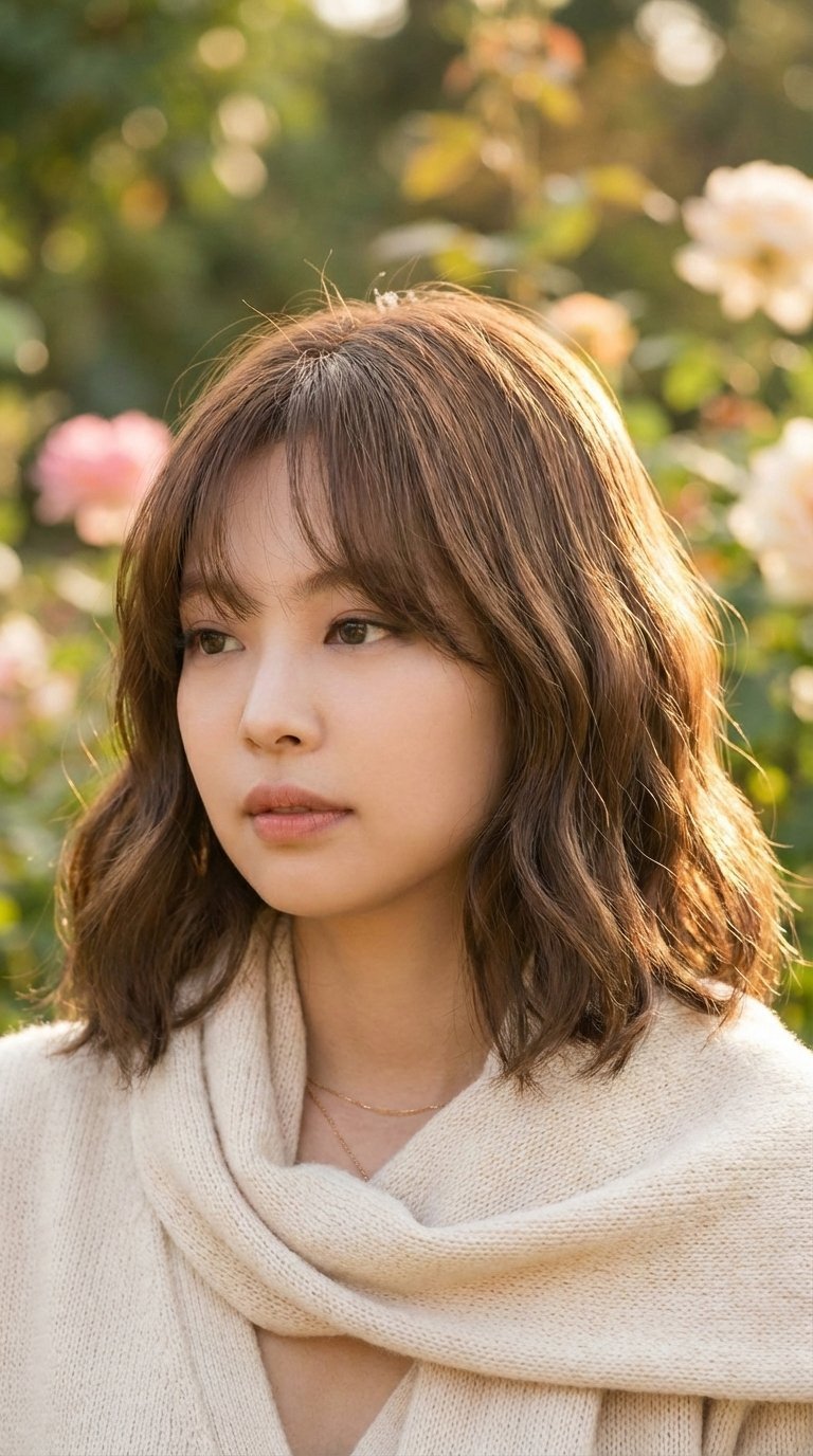 Jennie Kim's wavy lob hairstyle with curtain bangs and effortless waves in golden hour lighting