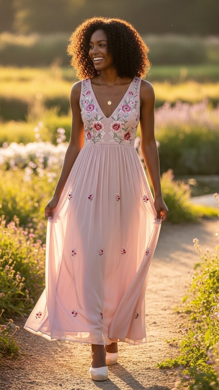 Joyful Black woman flowing gracefully in romantic floral maxi dress in sun-dappled garden setting