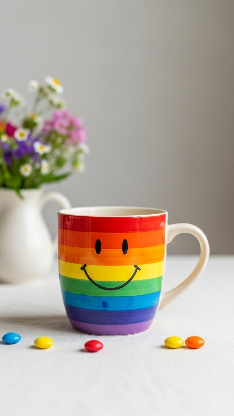Joyful rainbow striped ceramic mug with multi-colored horizontal stripes on white linen tablecloth