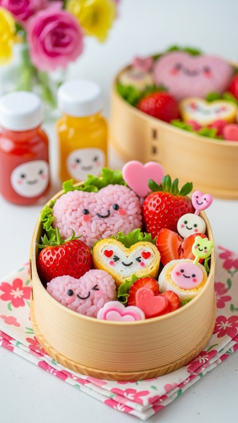 Kawaii Valentine bento box lunch with heart-shaped pink rice balls, animal cutout sandwiches, and strawberry slices in a bamboo container.
