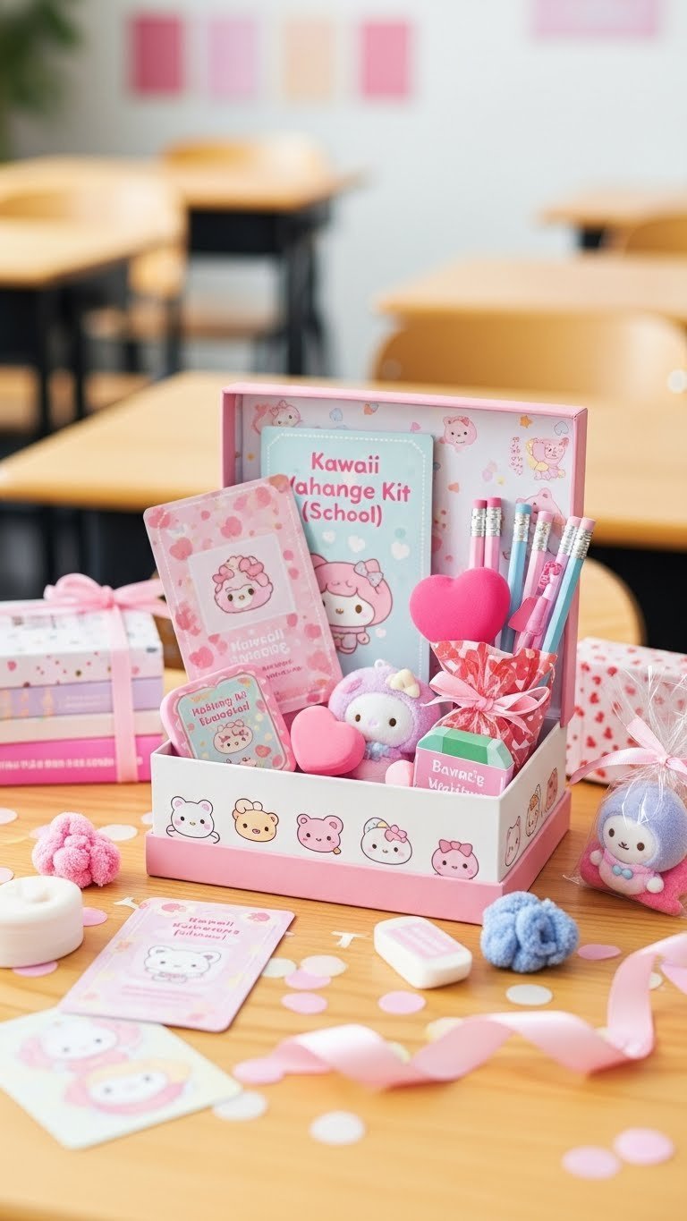 Kawaii Valentine exchange kit for school with miniature cards, plushie keychains, heart-shaped erasers, and cute pencils in decorative box.