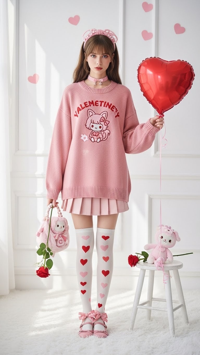 Kawaii Valentine's Day outfit featuring pastel pink sweater with chibi animal embroidery, pleated skirt, and heart-shaped tights.