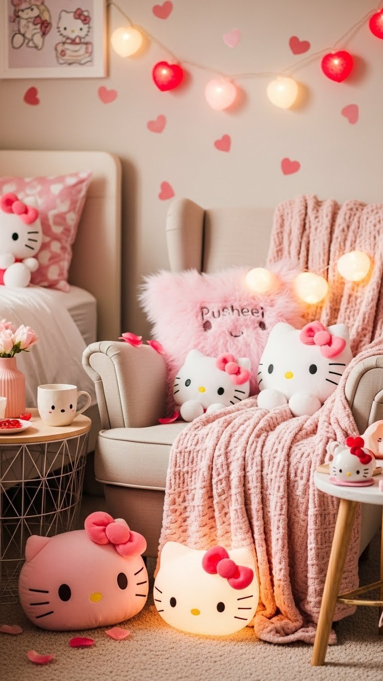 Kawaii themed room decor corner with Pusheen pillows, Hello Kitty string lights, and heart-shaped wall decals on a comfortable armchair.