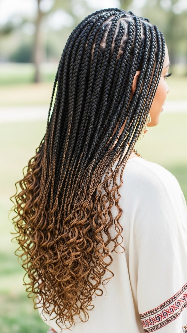 Knotless braids with curly ends bohemian style in natural outdoor setting