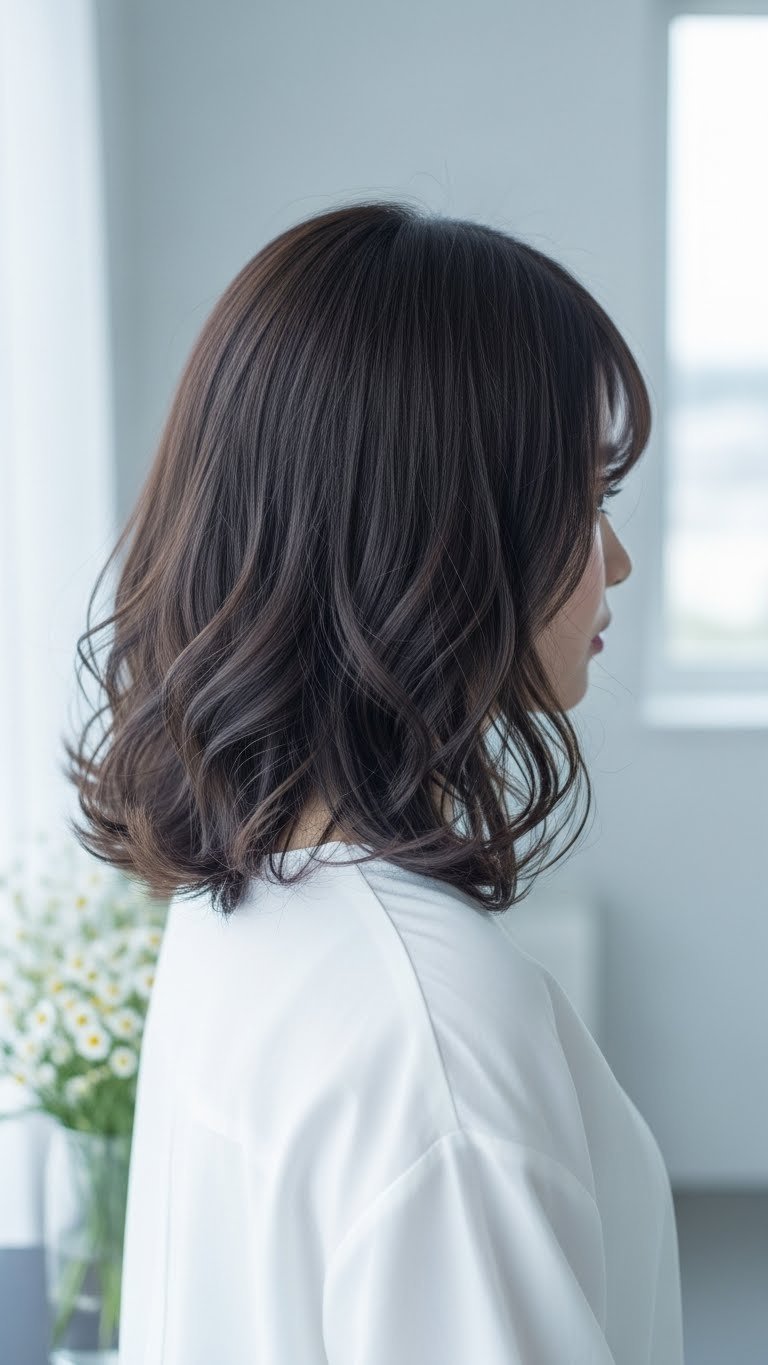 Korean Airy C-Curl Perm hairstyle featuring soft inward-curling ends with natural bounce and shine against bright neutral background.