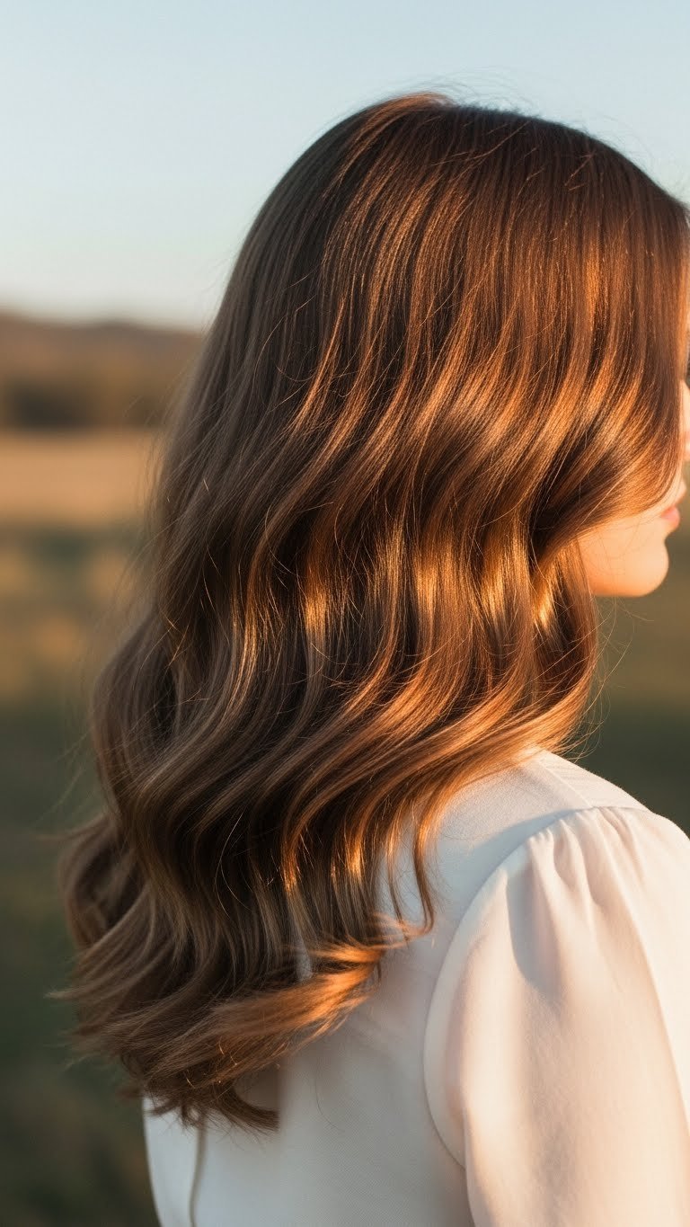 Korean-inspired wavy hair with soft natural waves flowing down against blurred natural landscape