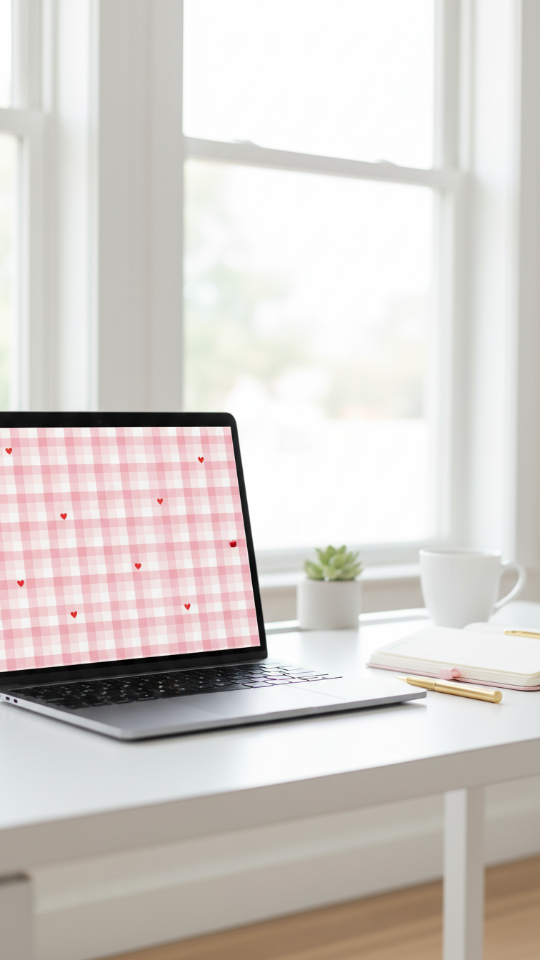 Laptop screen showing pink and white gingham Valentine's wallpaper with scattered red hearts on clean white desk setup.