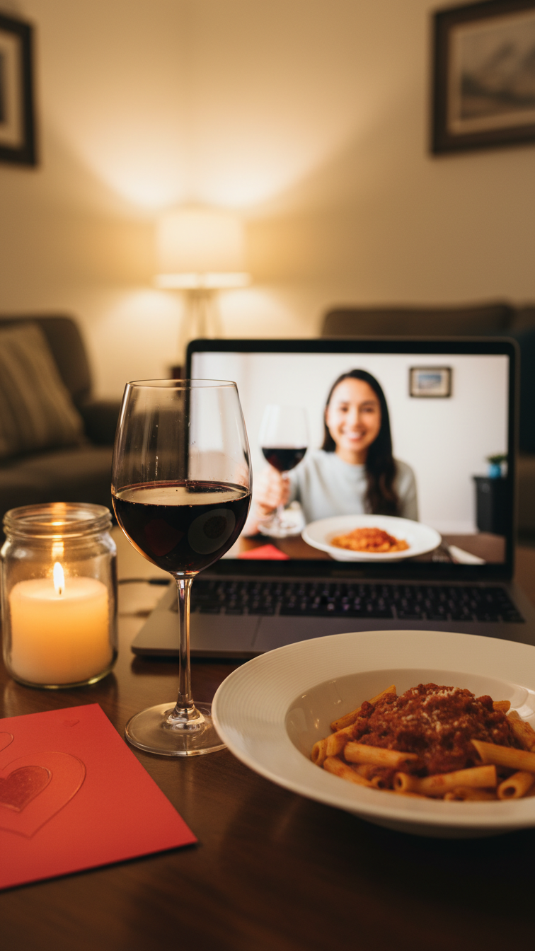 Laptop showing video call with matching wine glass and plate for virtual date night setup