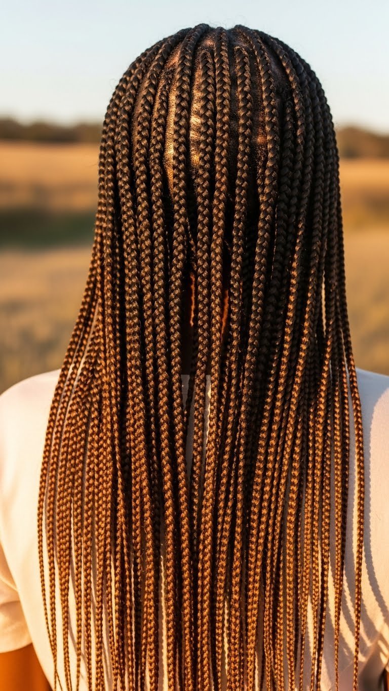 Large Ghana braids transitioning from thin to thick with intricate cornrow pattern in golden hour outdoor setting