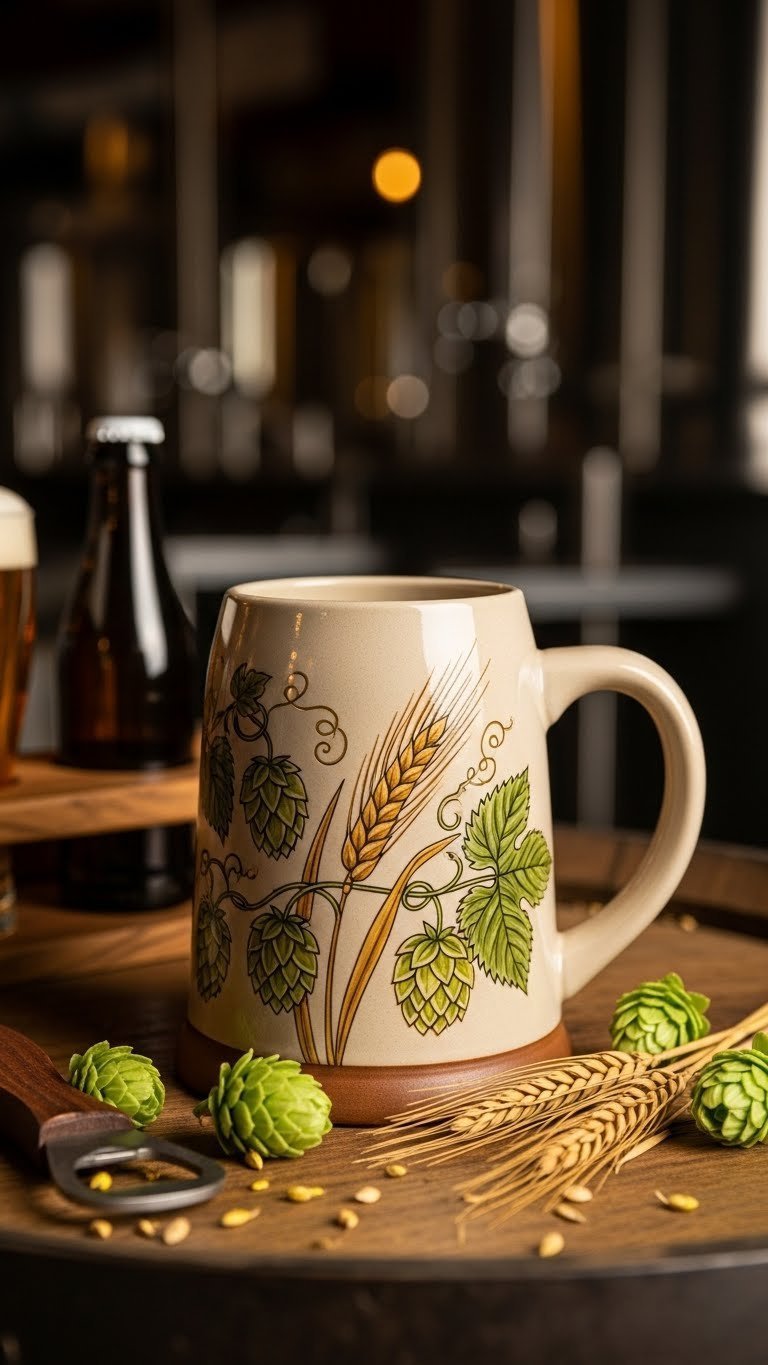 Large ceramic beer stein with botanical hops and barley illustrations on rustic wooden bar