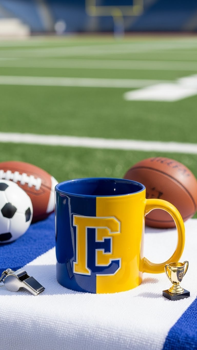 Large ceramic mug with bold sports team colors and stylized logo on white sports towel background