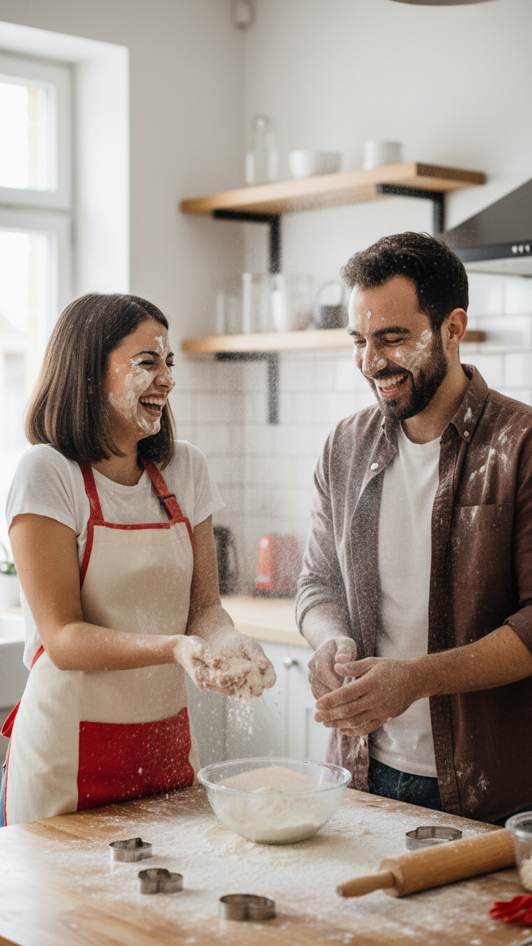 Laughing couple having playful flour fight in bright modern kitchen with cookie baking supplies