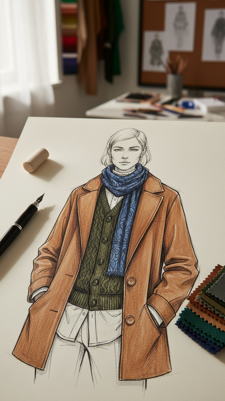 Layered clothing sketch showing shirt, vest, jacket ensemble with intricate overlapping details