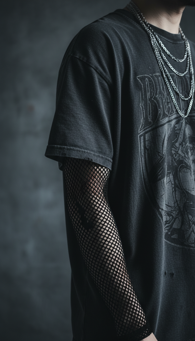 Layered emo style with black fishnet top under distressed gray graphic tee and silver chain necklaces on dark textured wall