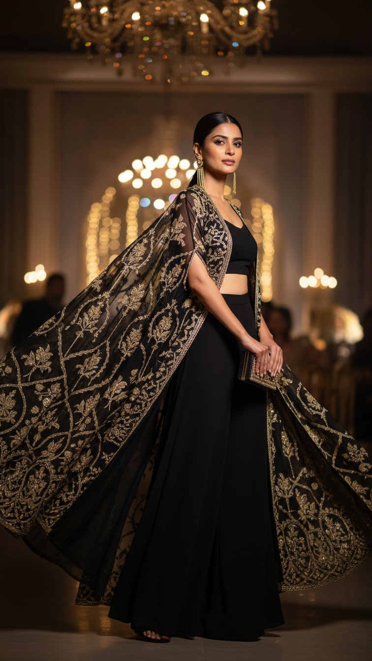 Layered ethnic outfit with black georgette jacket over crop top and palazzo pants at upscale evening event