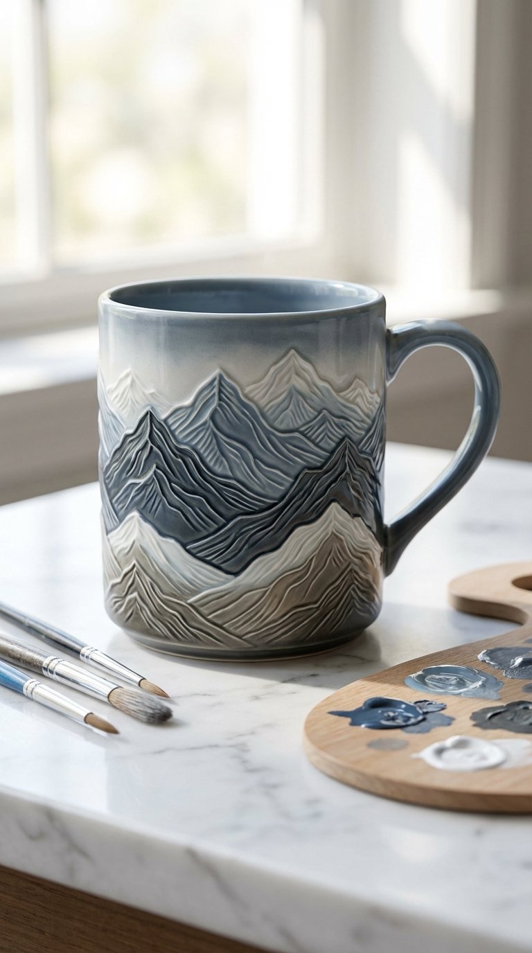 Layered mountain range mug with grey and blue tones on marble countertop surrounded by artist's brushes