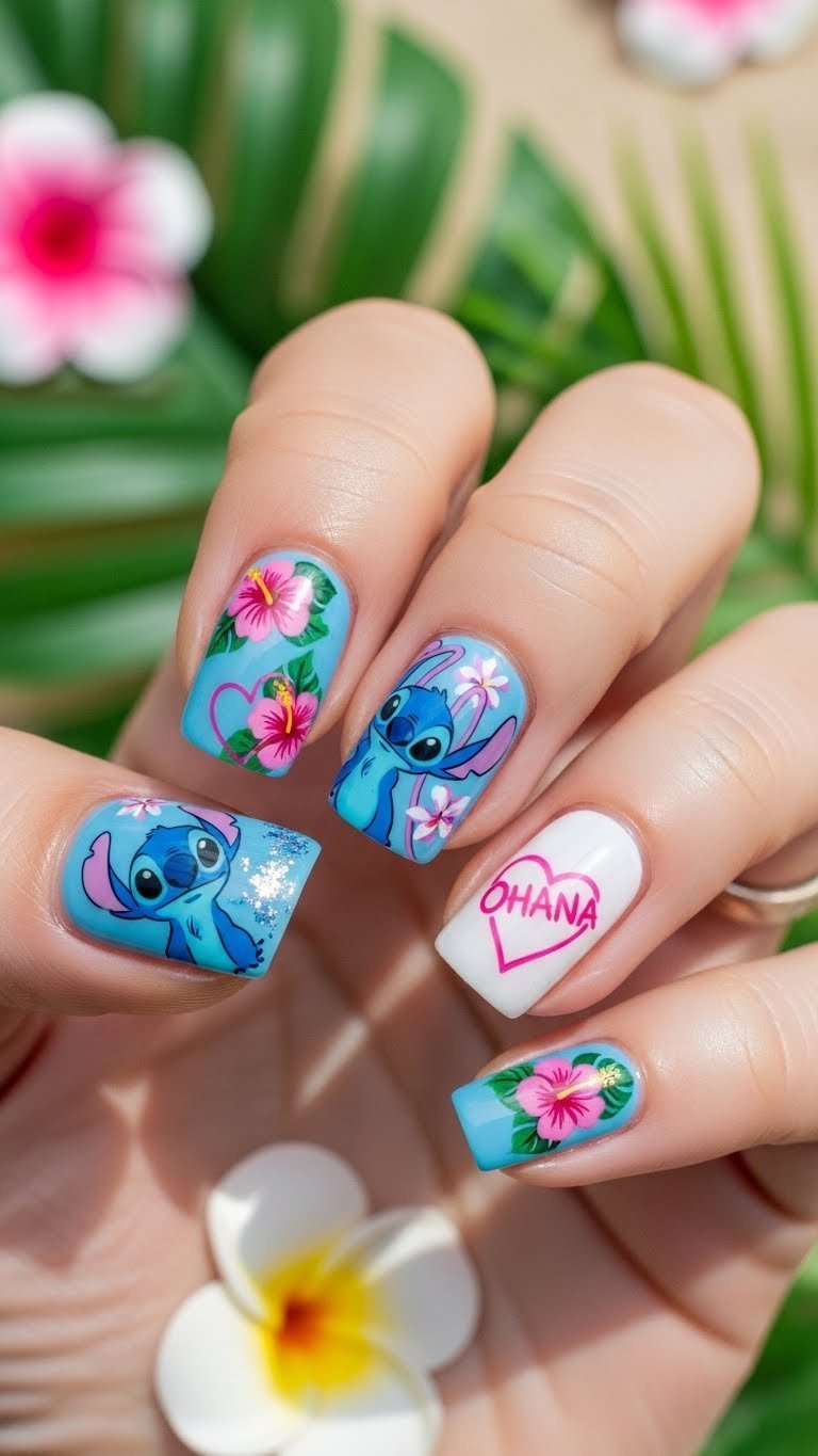 Lilo & Stitch Ohana themed Valentine's nail art with blue pink designs and Hawaiian flower accents