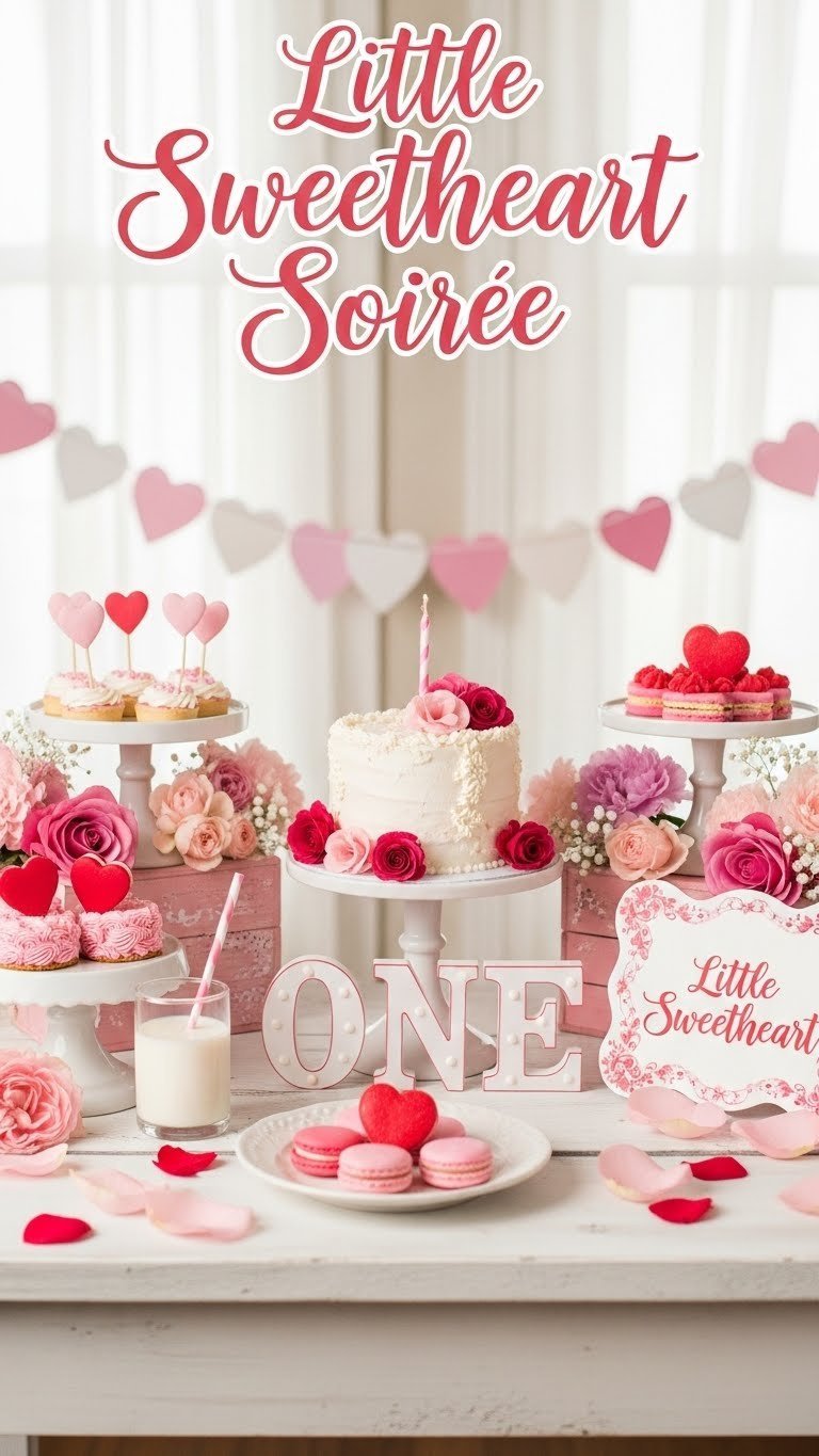 Little Sweetheart Soiree first birthday dessert table with pink heart-shaped treats and floral arrangements against soft bokeh background