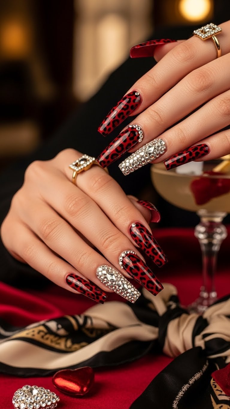 Long acrylic coffin nails with dramatic leopard print and sparkling rhinestone embellishments