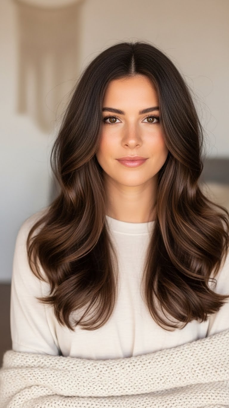 Long brown hair with bouncy layers cascading over shoulders in warm golden hour lighting against textured wall
