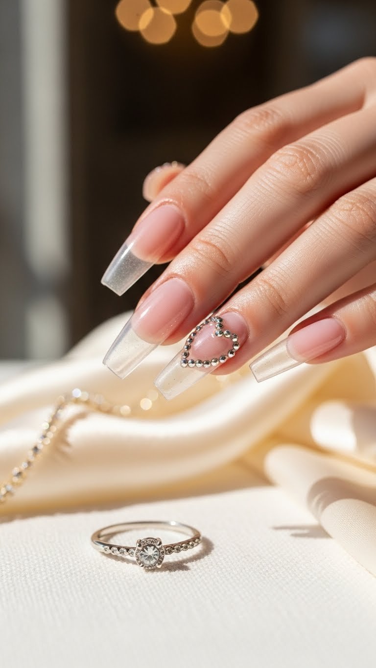 Long clear coffin nails with sheer pink base embellished with sparkling rhinestone heart shapes